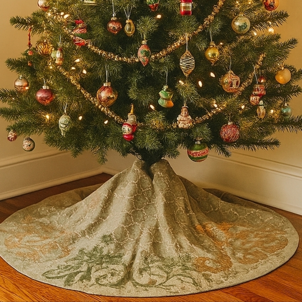Anthropologie Linen Blend Sequin 60" Round Boho Christmas Tree Skirt Khaki Green